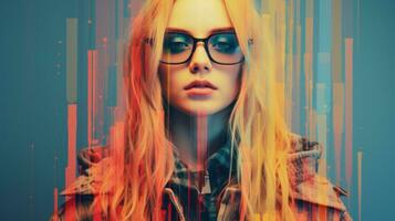 a woman with glasses and a jacket on a colorful background generative ai photo