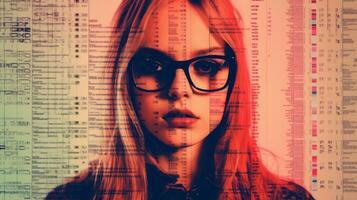 a woman with glasses and a red and blue background generative ai photo