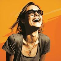 un mujer con lentes y un sonrisa en un naranja antecedentes generativo ai foto