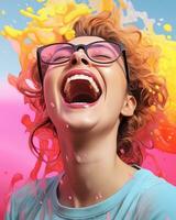 a woman with glasses and a smile is laughing in front of a splash of colored paint generative ai photo
