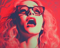 a woman with glasses and a red background generative ai photo