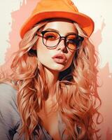 un mujer con lentes y un naranja sombrero generativo ai foto