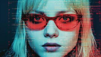 a woman with glasses and a red and blue background generative ai photo