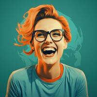 a woman with glasses and red hair is laughing generative ai photo