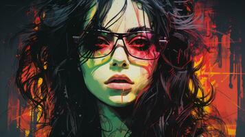 a woman with glasses and long hair in a colorful painting generative ai photo