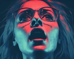 a woman with glasses and red and blue lights on her face generative ai photo
