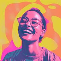 a woman with glasses is smiling in front of a colorful background generative ai photo