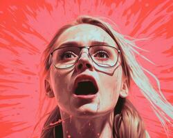 a woman with glasses is screaming in front of a red background generative ai photo