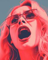 a woman with glasses screaming in front of a pink background generative ai photo