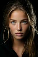 a woman with green eyes and a black hoodie generative ai photo