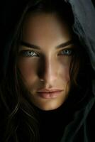 a woman with green eyes in a hood generative ai photo