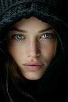 a woman with green eyes in a black hoodie generative ai photo