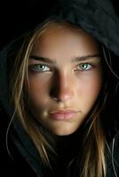 a woman with green eyes in a black hoodie generative ai photo