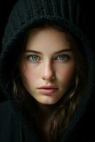 a woman with green eyes in a black hoodie generative ai photo