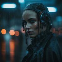 a woman with headphones on in the rain generative ai photo