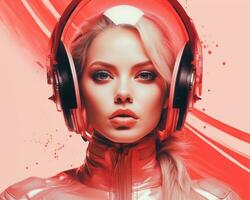 a woman with headphones on a red background generative ai photo