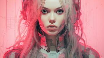 a woman with headphones on her head in front of a pink background generative ai photo