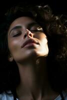 a woman with her eyes closed and her hair blowing in the wind generative ai photo