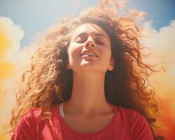 a woman with her eyes closed and her hair blowing in the wind generative ai photo