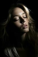 a woman with her eyes closed in the dark generative ai photo