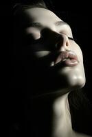 a woman with her eyes closed in the dark generative ai photo