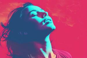 a woman with her eyes closed in front of a colorful sky generative ai photo