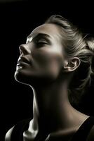 a woman with her eyes closed in the dark generative ai photo