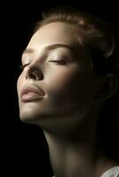 a woman with her eyes closed in the dark generative ai photo