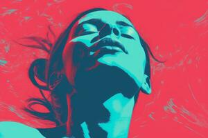 a woman with her eyes closed in front of a red and blue background generative ai photo