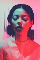a woman with her eyes closed in front of a red and pink background generative ai photo