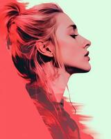 a woman with her hair in a ponytail and a red background generative ai photo