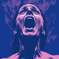 a woman with her mouth open in front of a blue and purple background generative ai photo