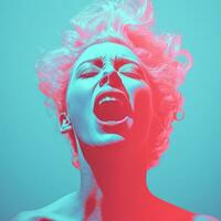 a woman with her mouth open in front of a blue and pink background generative ai photo