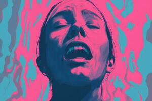 a woman with her mouth open in front of a blue and pink background generative ai photo