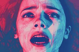 a woman with her mouth open in front of a blue and pink background generative ai photo