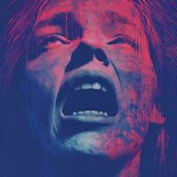 a woman with her mouth open in front of a blue and red background generative ai photo