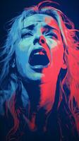a woman with her mouth open in front of a blue and red background generative ai photo