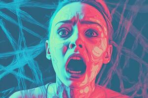 a woman with her mouth open in front of a blue and pink background generative ai photo