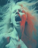 a woman with her mouth open in front of a blue and red background generative ai photo