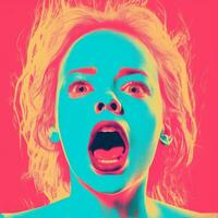 a woman with her mouth open in front of a colorful background generative ai photo