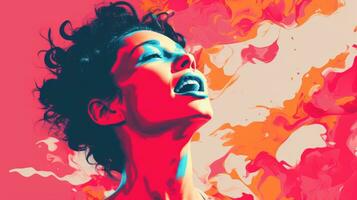 a woman with her mouth open in front of a colorful background generative ai photo