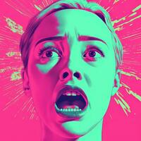 a woman with her mouth open in front of a pink and green background generative ai photo
