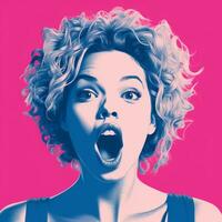 a woman with her mouth open in front of a pink background generative ai photo
