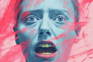 a woman with her mouth open in front of a pink and blue background generative ai photo