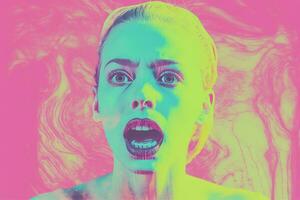 a woman with her mouth open in front of a pink and blue background generative ai photo