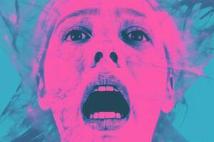 a woman with her mouth open in front of a pink and blue background generative ai photo