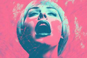 a woman with her mouth open in front of a pink and blue background generative ai photo
