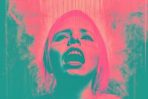 a woman with her mouth open in front of a pink and green background generative ai photo