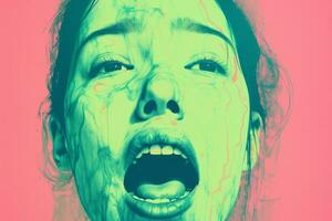 a woman with her mouth open in front of a pink background generative ai photo
