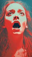 a woman with her mouth open in front of a red and blue background generative ai photo